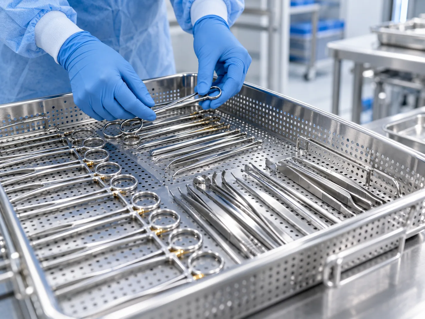 Gloved hands arranging surgical instruments in a sterile tray